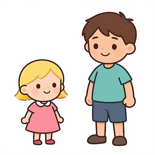 Cartoon illustration of a blonde girl in a pink dress and a brown-haired boy in a blue shirt and dark shorts.