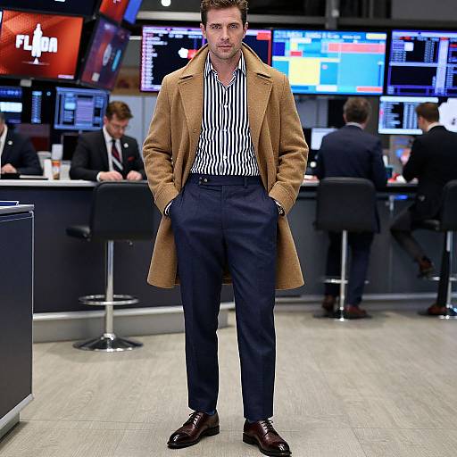 Photograph of a man in a brown coat, black-and-white striped shirt, dark pants, and brown shoes, standing in a busy financial trading room
