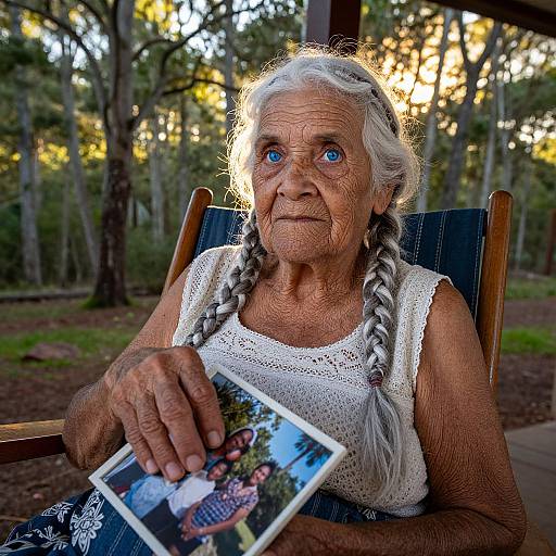 Photograph of an elderly woman with blue eyes, white hair in braids, wearing a white lace top, holding a photo, sitting outdoors at sunset