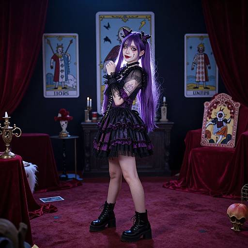 Photograph of a gothic anime girl with long purple hair, black lace dress, cat ears, platform boots, in a dark, candlelit room