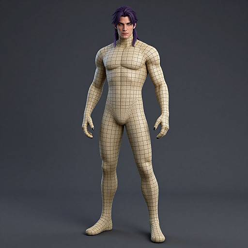 CGI image of a muscular, nude, male figure with purple hair, standing against a dark blue background, covered in a grid pattern.
