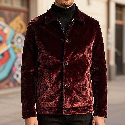 Photograph of a man wearing a rich, dark red velvet jacket over a black turtleneck, standing in an urban street with colorful graffiti in the