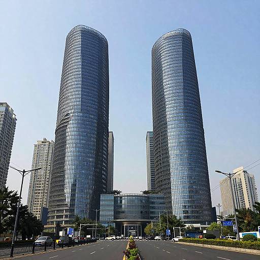 Twin Modern Skyscrapers with Glass Curtain Walls