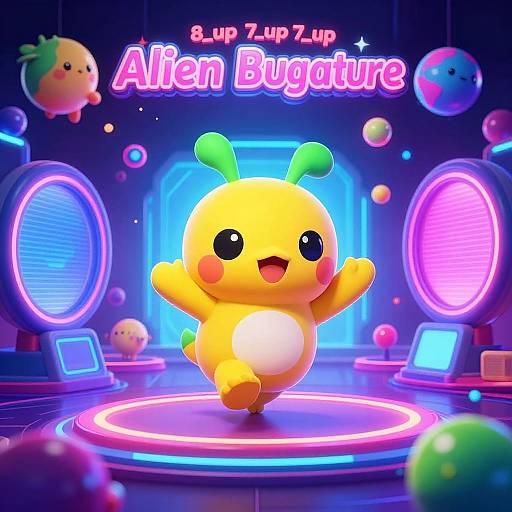 Digital anime-style illustration of a cheerful yellow, bug-like creature with green antennae, jumping on a neon-lit stage with colorful orbs and 