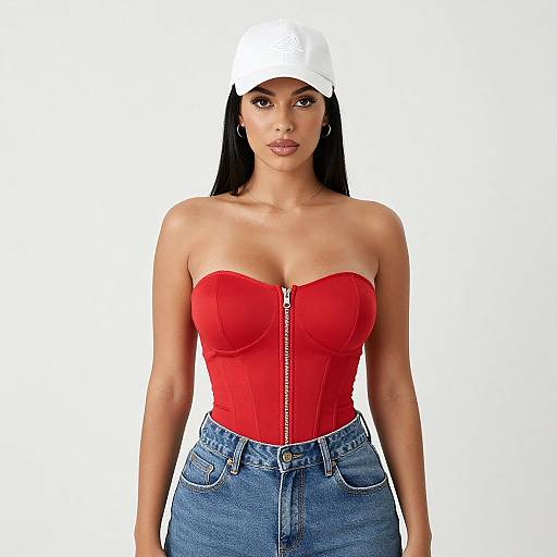 Photograph of a woman with long black hair, wearing a white cap, red strapless corset, and blue jeans, standing against a white background