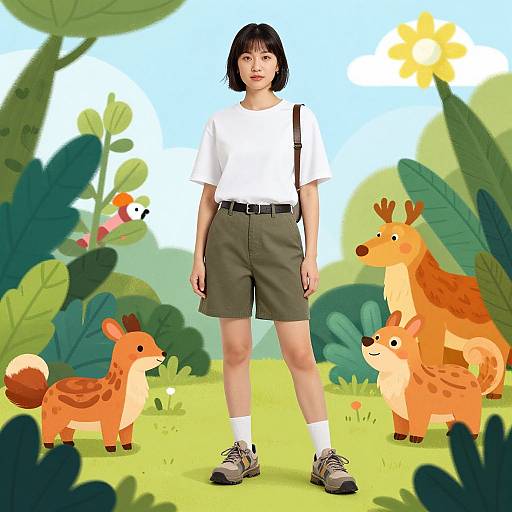 Digital drawing of a short-haired girl in a white shirt, olive shorts, and sneakers, standing in a colorful, cartoon-style forest with three orange deer