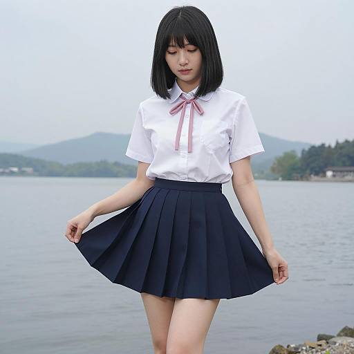 Asian Woman by Lake in Summer Outfit