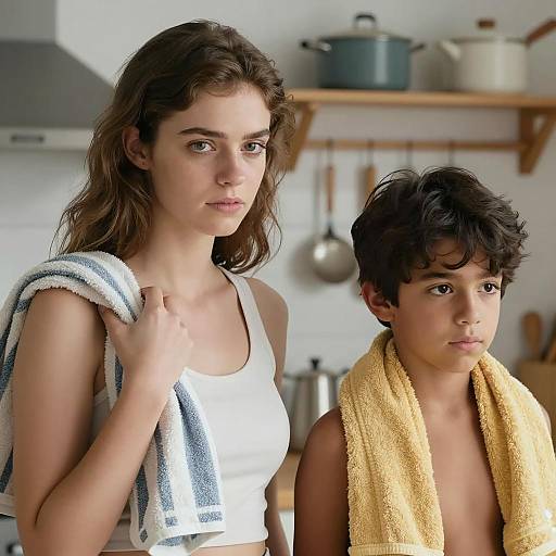 Serious Young Woman and Boy with Towels in Kitchen