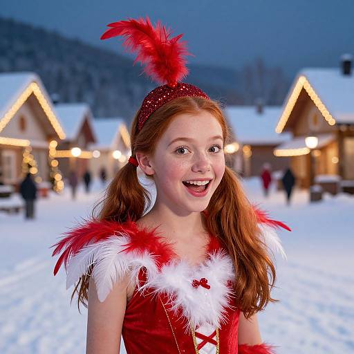 Photograph of a smiling young red-haired girl in a festive red and white feathered costume, standing in a snowy, illuminated village at dusk.
