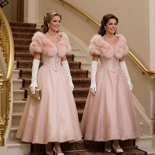 Elegant Women Descending Opulent Staircase