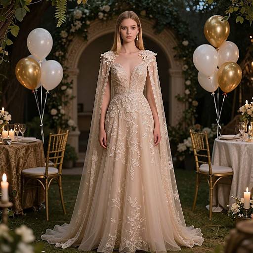 Photograph of a fair-skinned, slender woman in an elegant, sheer, ivory lace wedding gown with long sleeves, standing in a dimly lit