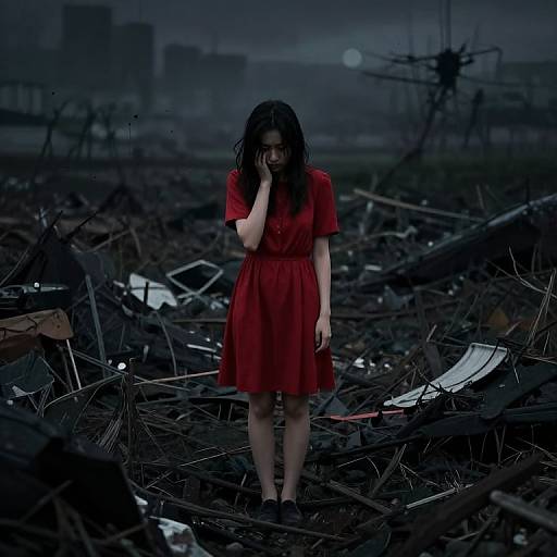 Photograph of a young woman with wet, dark hair in a red dress, standing amidst a desolate, debris-filled landscape at dusk.