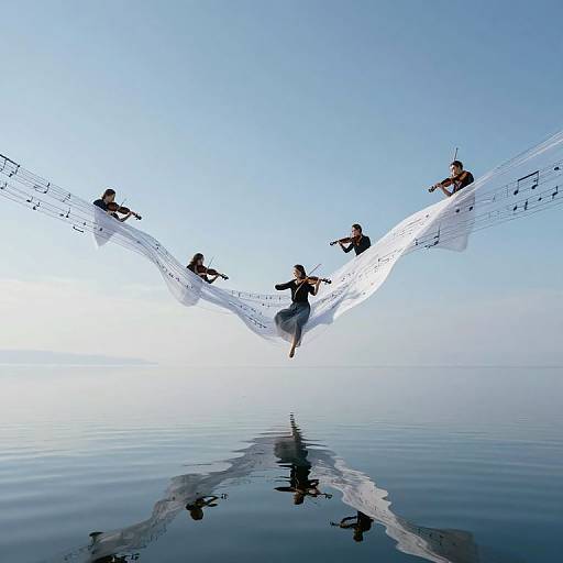 Photograph of six musicians floating on a translucent sheet of music above a calm, reflective water surface under a clear blue sky.