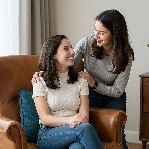 Photograph of two smiling women with dark hair, one in a white top and blue jeans, the other in a gray top, standing and touching shoulders