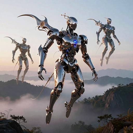 Glowing Mechanical Creatures Over Mountains