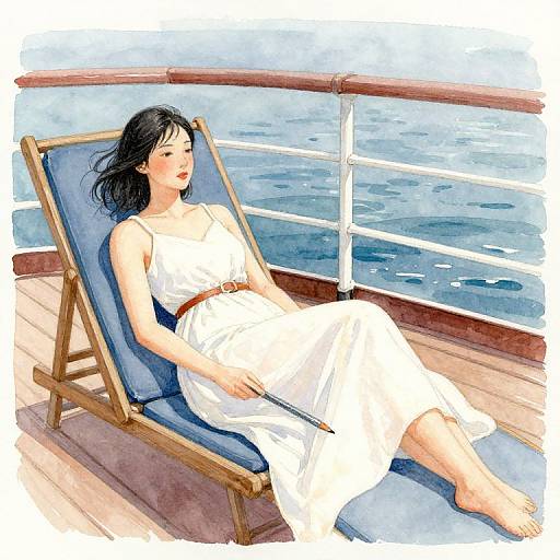 Sunbathing Asian Girl Pencil Watercolor