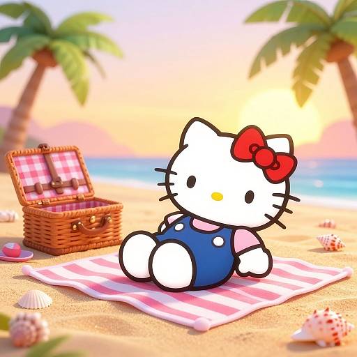 Digital cartoon of Hello Kitty in a blue romper with a red bow, sitting on a striped towel on a sunny beach with a wicker basket,