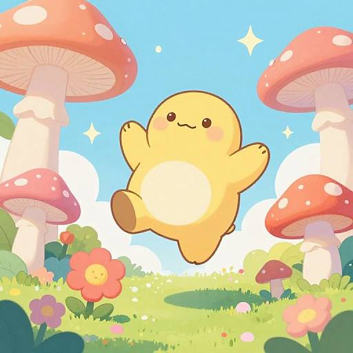 Cute chibi yellow creature with a blushing face jumps joyfully in a vibrant, cartoonish forest with red mushrooms, colorful flowers, and a