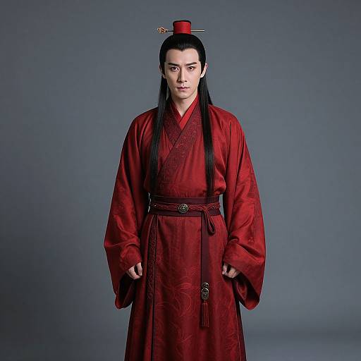 Photograph of an East Asian woman with long black hair, wearing a red traditional Korean hanbok, black belt, and red hat, standing against