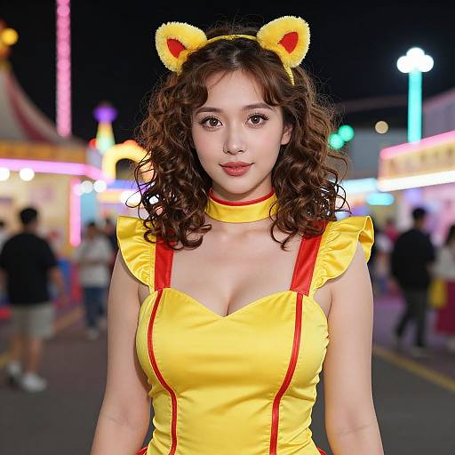 Photograph of an Asian woman with curly brown hair, wearing a yellow cat-ear headband, yellow and red dress, and choker, at