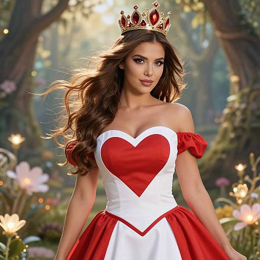 Photograph of a beautiful woman with long brown hair, wearing a red and white heart-shaped bodice dress, and a gold crown, in a magical
