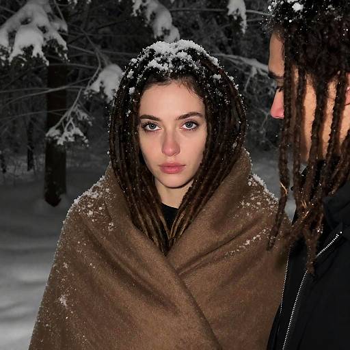 Young Woman Wrapped in Blanket in Snowy Forest