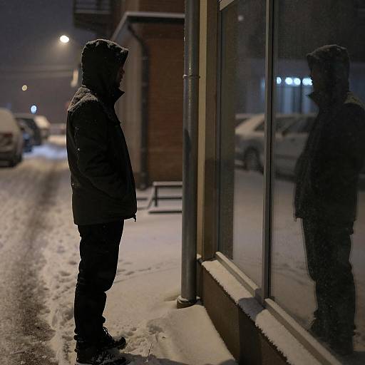 Man in Hooded Jacket Standing in Snowy Alley at Night