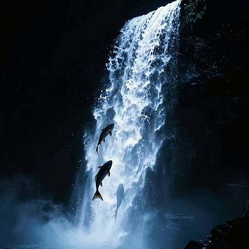 Silhouetted dolphins leap through a cascading waterfall illuminated by bright white water against a dark night sky. Digital art.