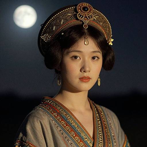 Photograph of an Asian woman with fair skin, short black hair, wearing an ornate headpiece and traditional embroidered robe, against a dark night sky