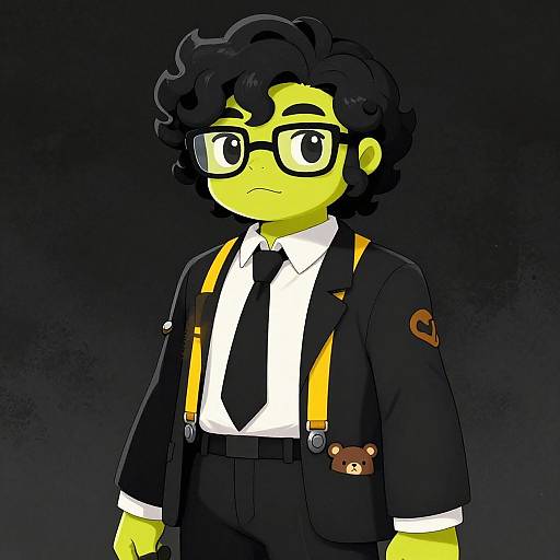 Digital illustration of a yellow-skinned, curly-haired, bespectacled character wearing a black suit, white shirt, black tie, and yellow suspend