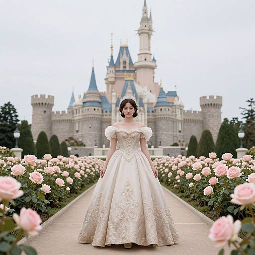 Photograph of a fair-skinned woman in an off-shoulder, ivory ball gown with floral embroidery, standing on a rose-lined path leading to