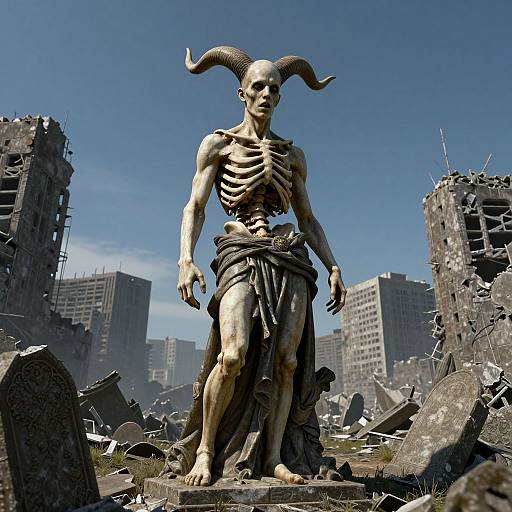 Creepy Horned Statue in Ruined City