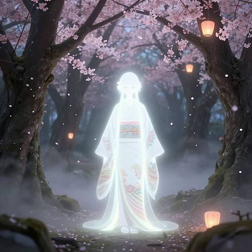 Ghostly figure in illuminated kimono stands under cherry blossom trees, surrounded by soft lantern light and falling petals. Digital artwork.