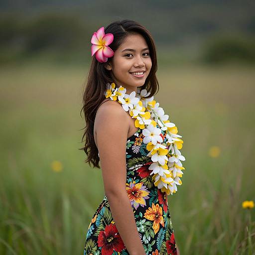 Photograph of a smiling young woman with long dark hair, wearing a floral dress, yellow and white flower lei, and pink plumeria hairpiece