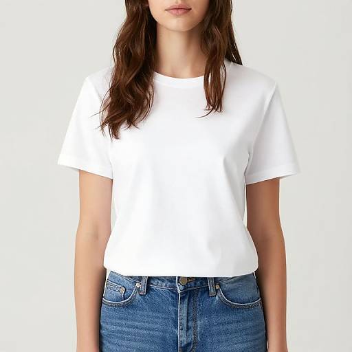 Photograph of a woman with long brown hair, wearing a plain white t-shirt and blue jeans, against a plain white background.