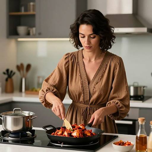 Photograph of a short-haired, fair-skinned woman in a brown, embroidered dress stirring cooked red bell peppers in a black skillet on a modern kitchen