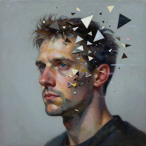 Digital painting of a pensive, blue-eyed man with short brown hair, wearing a black shirt, with geometric triangles dispersing from his head.