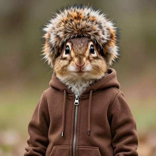 Photograph of a cute, brown and white chipmunk with large black eyes, wearing a brown hoodie with a fur-lined hood, standing against a