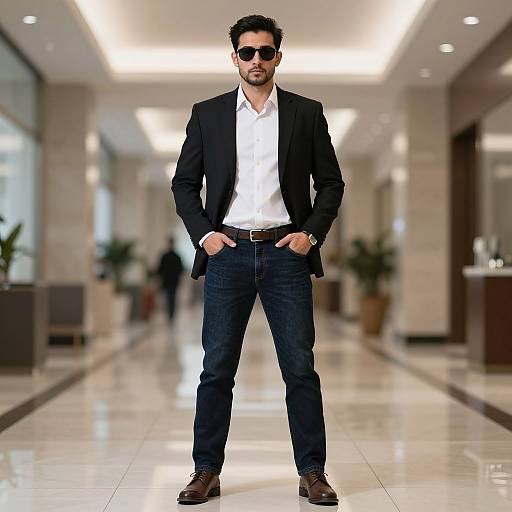 Photograph of a stylish man with dark hair, beard, black sunglasses, black blazer, white shirt, blue jeans, brown shoes, standing confidently