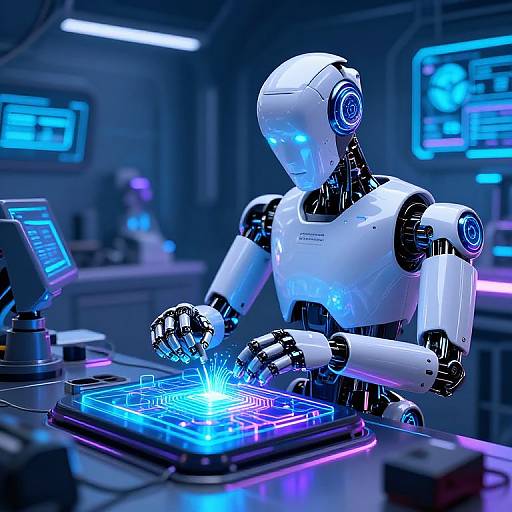 CGI image of a white, glowing robotic arm operating a futuristic, neon-blue holographic interface in a high-tech lab.