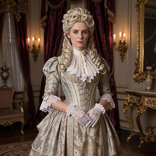 Digital art of a blonde woman in an 18th-century silver silk gown with lace details, white gloves, and curled hair, standing in an orn