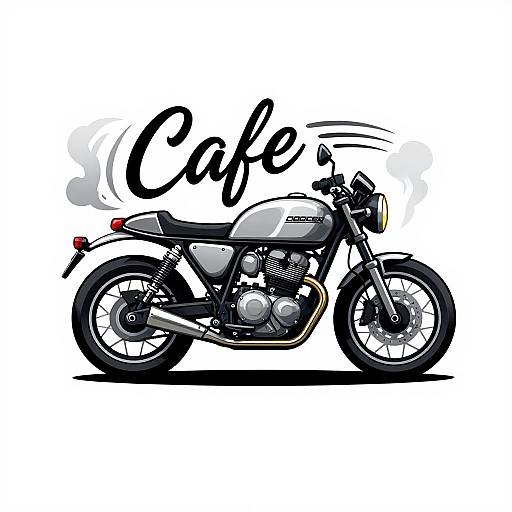 Digital illustration of a sleek, black and silver cafe-style motorcycle with 