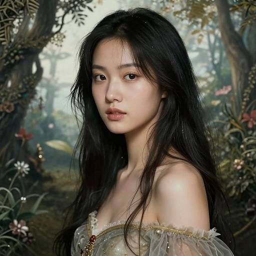 Digital portrait of an Asian woman with long black hair, fair skin, and delicate features, wearing a sheer, ornate off-shoulder top,