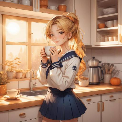 Anime Girl in Sailor Outfit Enjoying Warm Drink
