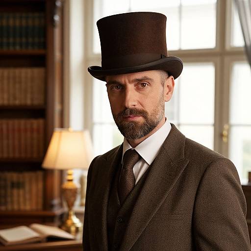 Photograph of a bearded man with dark hair, wearing a black top hat, brown suit, white shirt, and black tie, standing in a