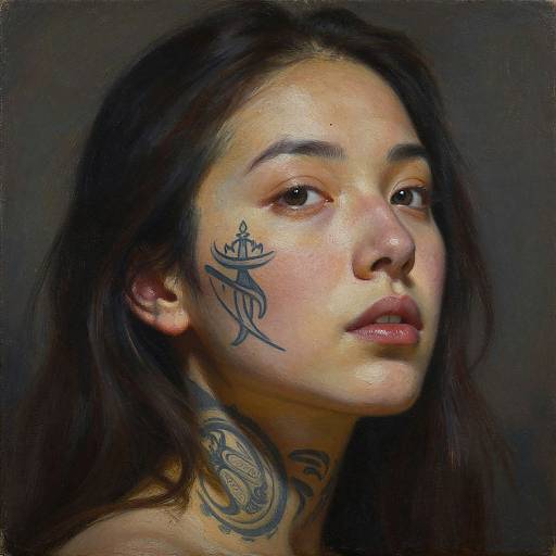Photorealistic portrait of a young woman with long dark hair, light skin, and dark eyes, featuring intricate black tattoos on her cheek and neck,