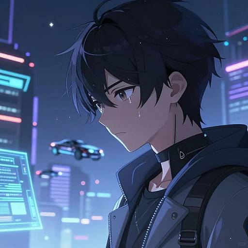 Anime-style digital illustration of a tearful young man with black hair in a futuristic city at night, wearing a dark jacket, surrounded by neon-lit