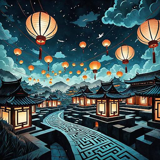 Surreal Asian Floating Lantern Labyrinth at Night