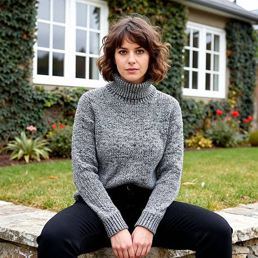 Photograph of a young woman with short, wavy brown hair, wearing a black-and-white knit turtleneck and black pants, sitting on a
