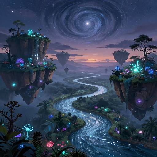 Fantasy digital artwork of glowing floating islands, swirling galaxy, and luminous river under a starry night sky with vibrant bioluminescent plants.